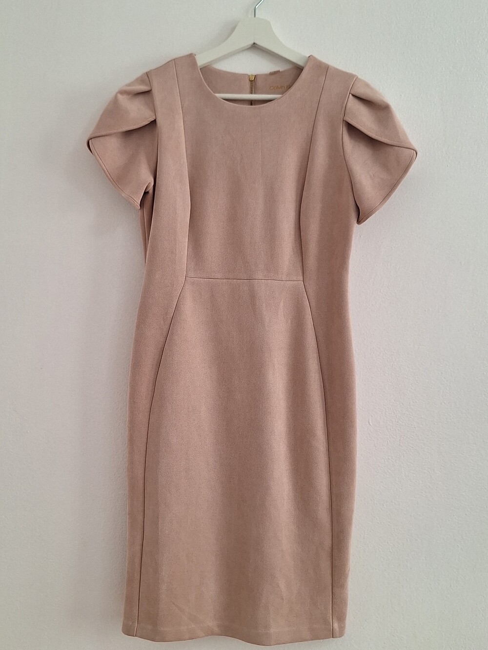 Calvin Klein Blush Pink Midi Sheath Dress with Structured Puff Sleeves